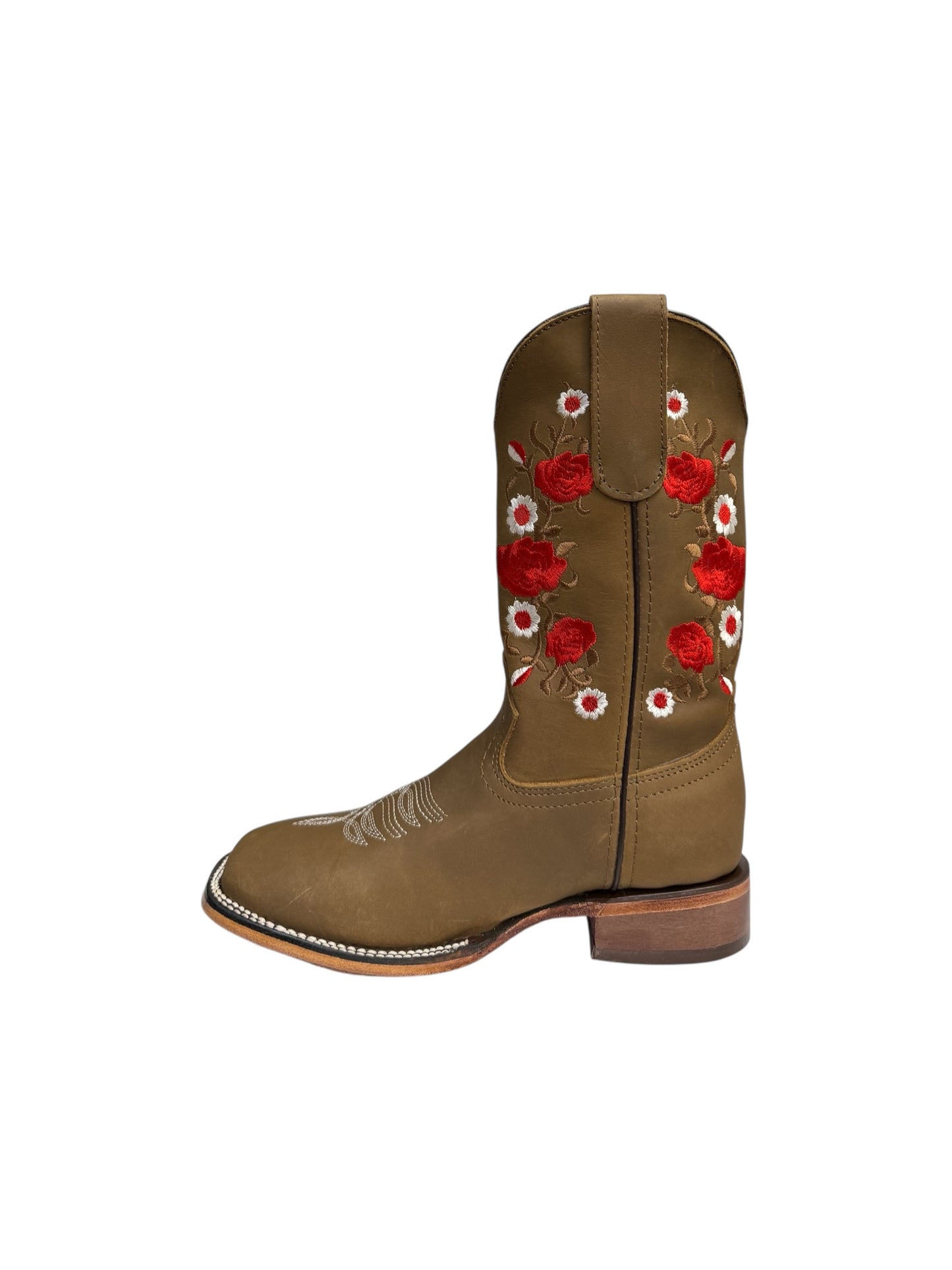 Potrillo Crazy Bovine Red Flowers Ocre Square Toe Womens Boot - 419