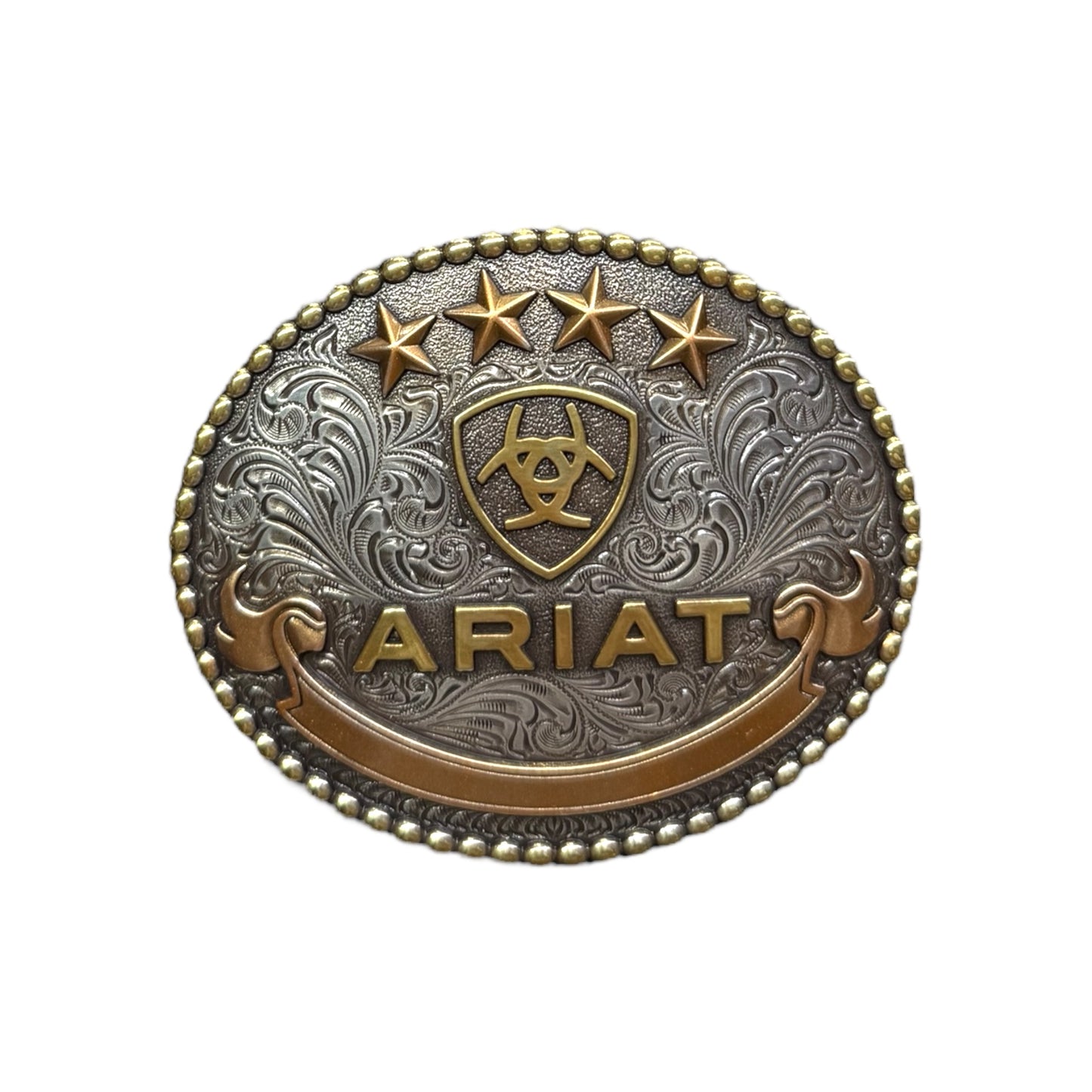 Ariat Cowboy Belt Buckle Oval Bead Edge Ariat Logo Antique Silver And Antique Gold