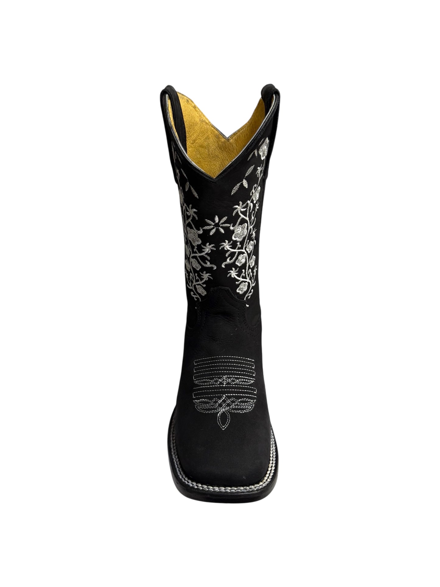 Potrillo Flowers embroidered Nobuck Black Square Toe Womens Boot - 416
