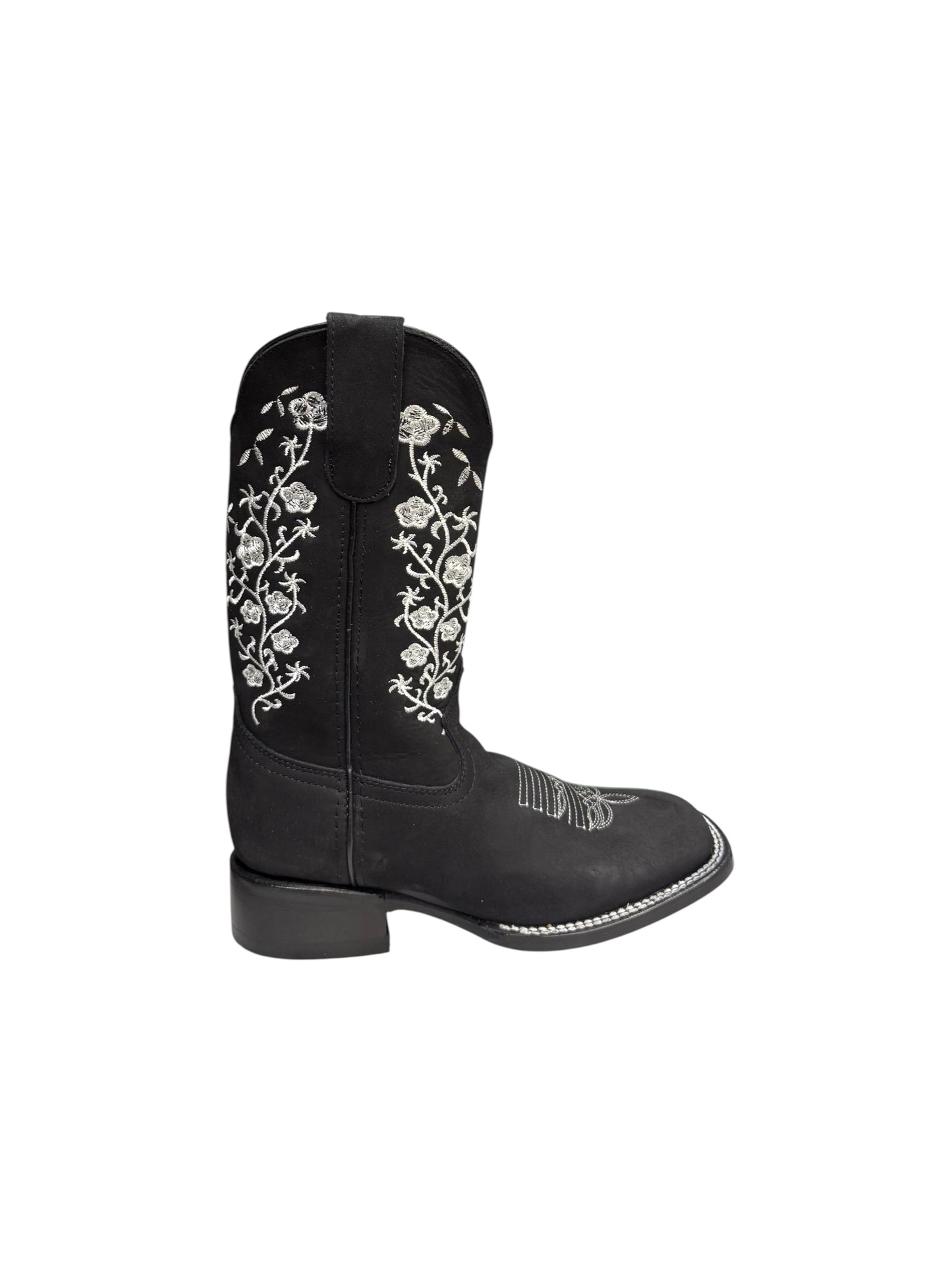 Potrillo Flowers embroidered Nobuck Black Square Toe Womens Boot - 416