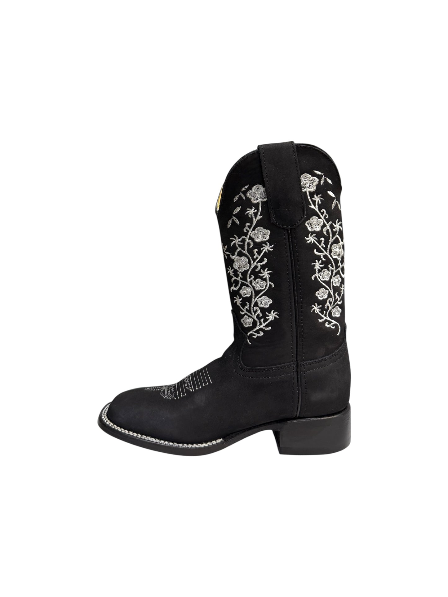 Potrillo Flowers embroidered Nobuck Black Square Toe Womens Boot - 416