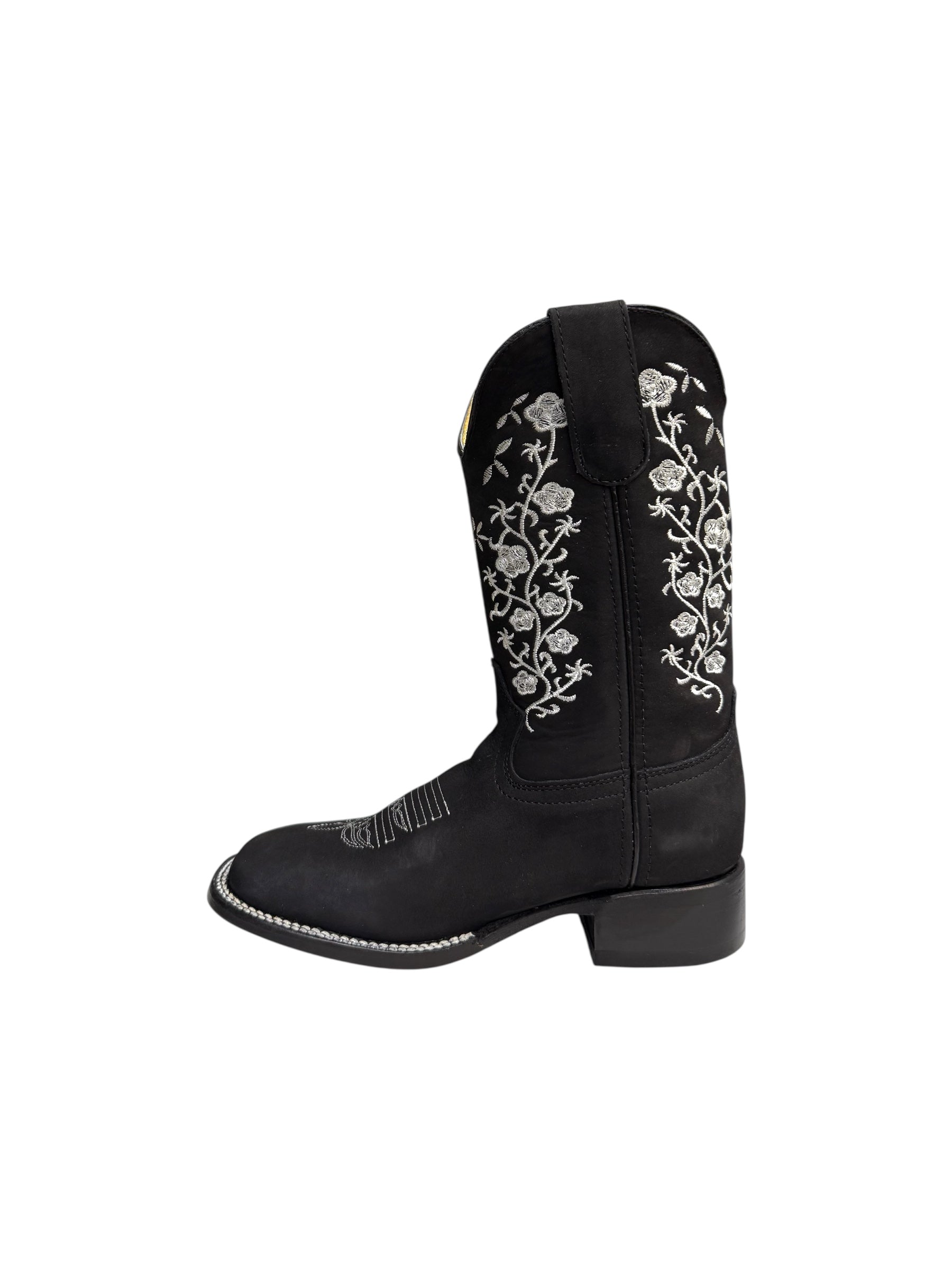 Potrillo Flowers embroidered Nobuck Black Square Toe Womens Boot - 416