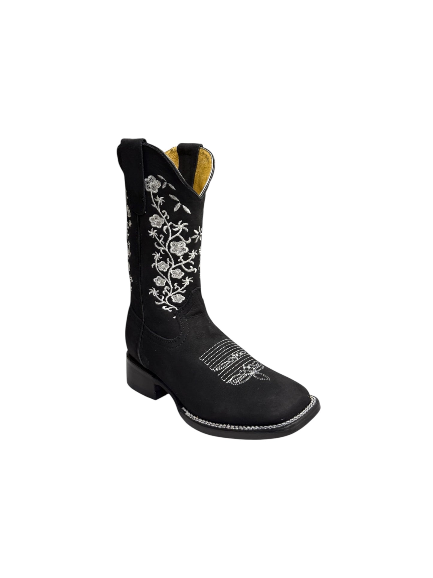 Potrillo Flowers embroidered Nobuck Black Square Toe Womens Boot - 416