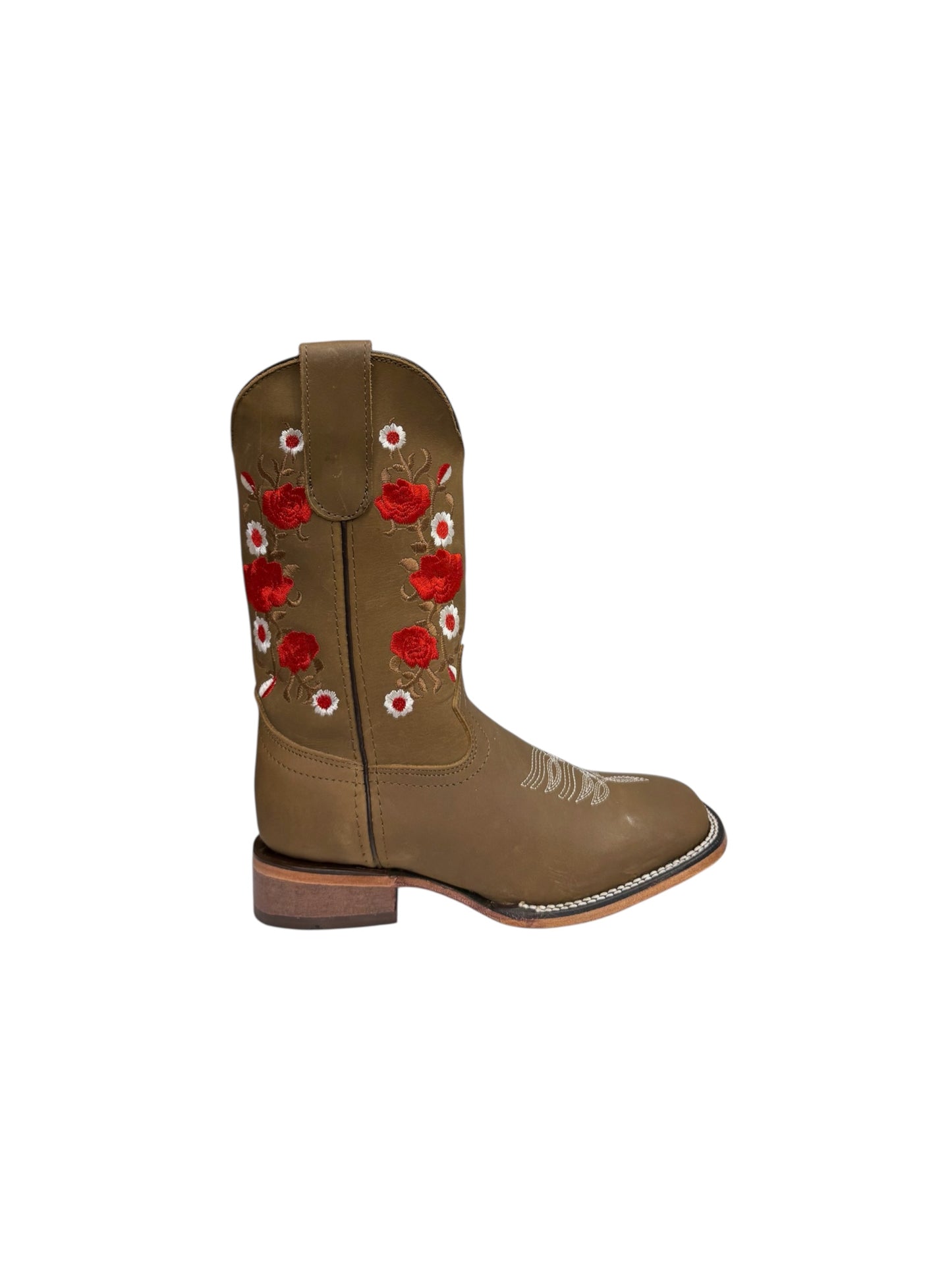 Potrillo Crazy Bovine Red Flowers Ocre Square Toe Womens Boot - 419