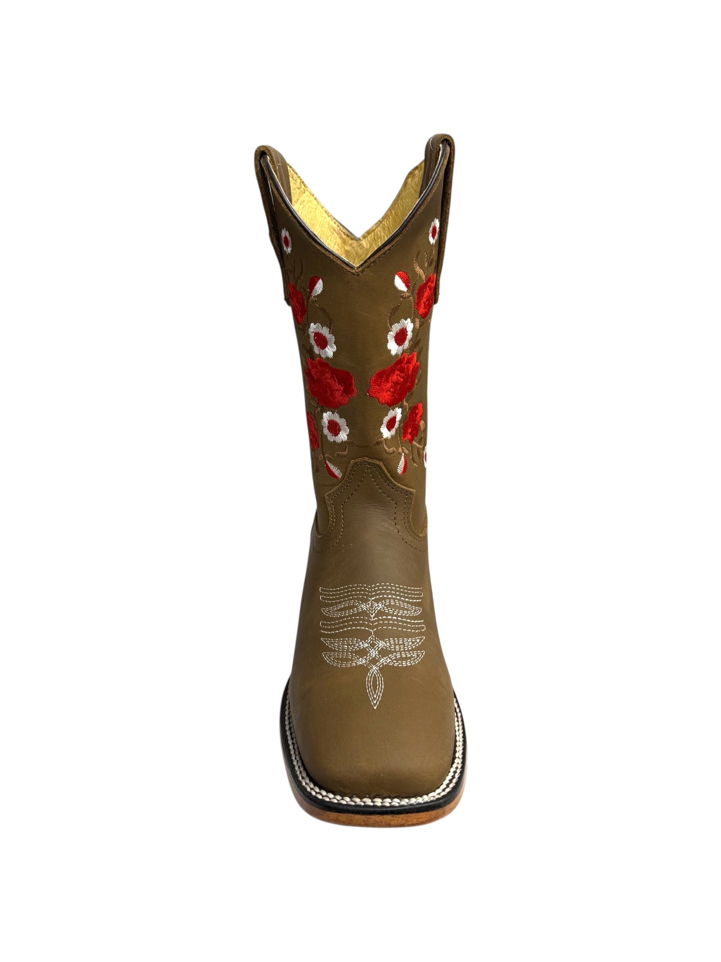 Potrillo Crazy Bovine Red Flowers Ocre Square Toe Womens Boot - 419