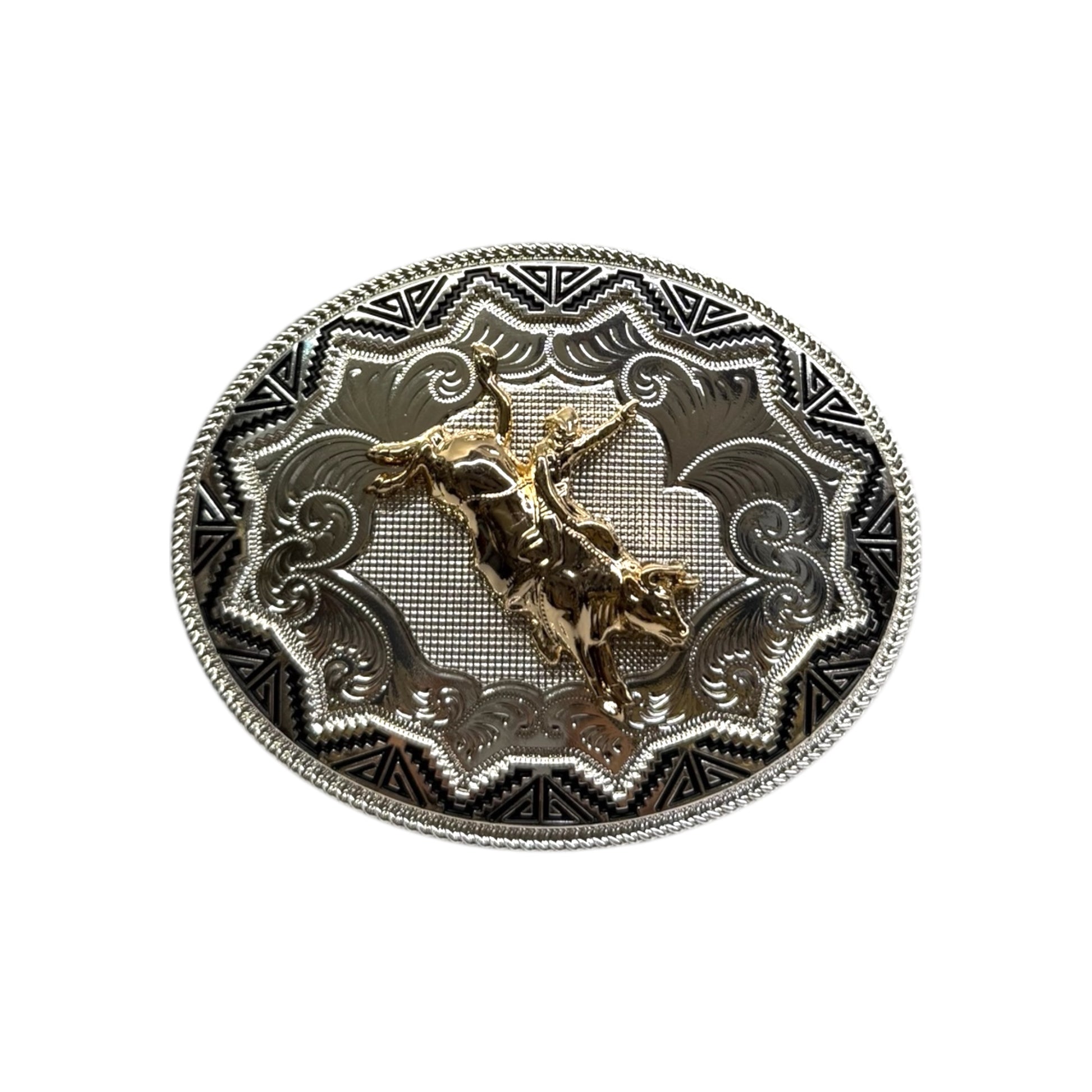 Rodeo Bull Rider Round Cowboy Belt Buckle Silver And Gold