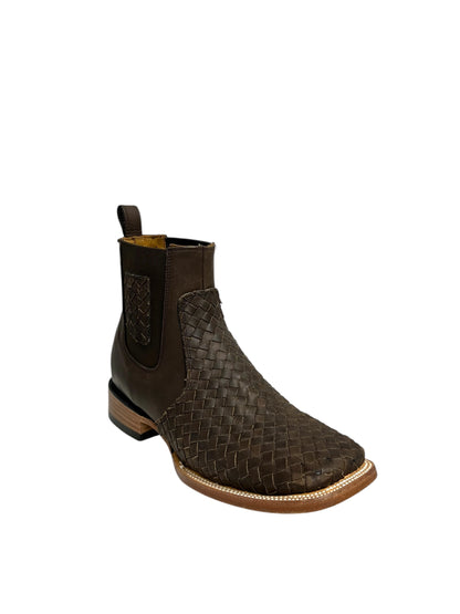 Ranchers Leather Stitched Brown Ankle Boot Square Toe