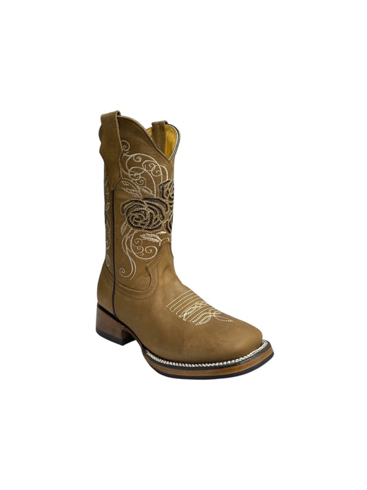 Potrillo Womens Ocre Laser Flowers Square Toe Boot - 431