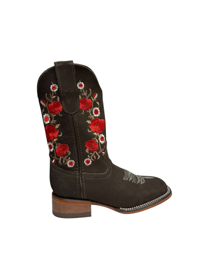 Potrillo Womens Red Flowers Nobuck brown Square Toe Boots - 425