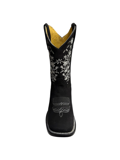 Potrillo Flowers embroidered Nobuck Black Square Toe Womens Boot - 416