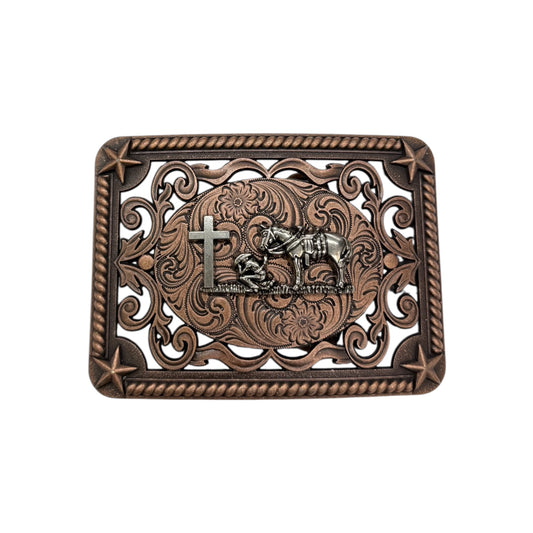Wetsern Belt Buckle Cowboy Praying With Horse Bronze - HO-33