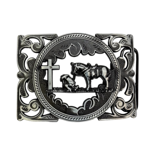 Cowboy Praying with Horse Western Belt Buckle - HO-34