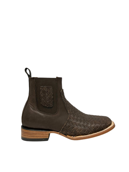 Ranchers Leather Stitched Brown Ankle Boot Square Toe