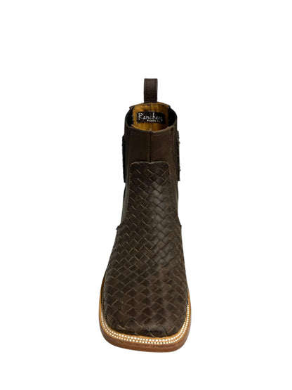 Ranchers Leather Stitched Brown Ankle Boot Square Toe