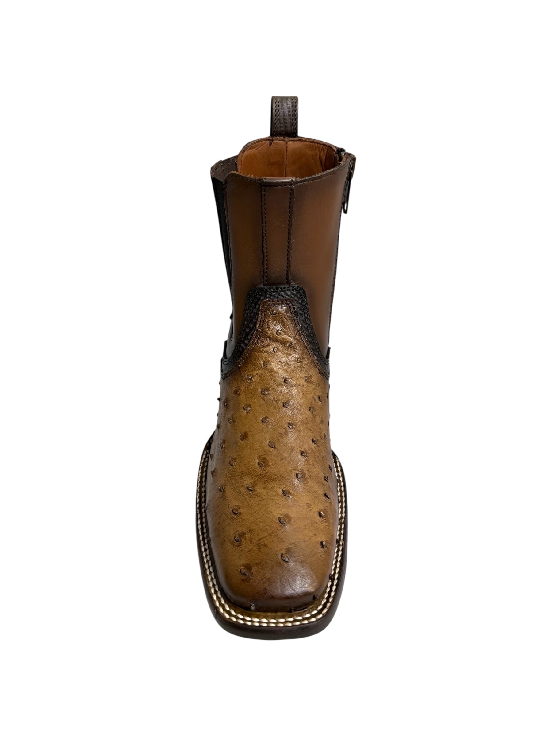 Cuadra Ostrich Lugano Brown Square Toe Zipper & Elastic Ankle Boot - CU889