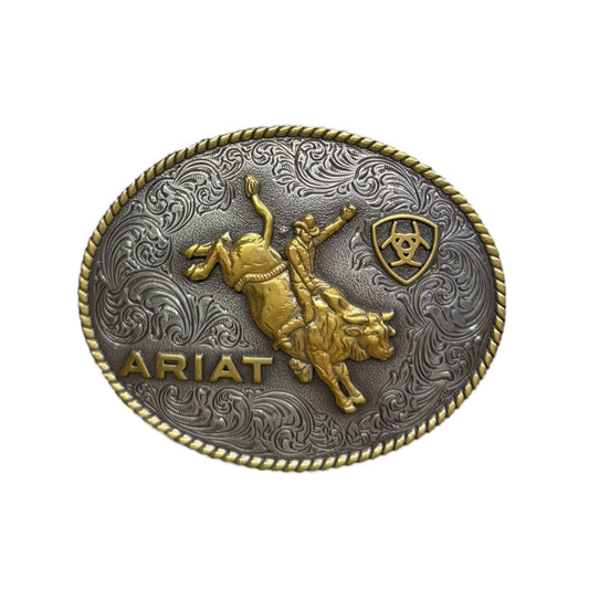 Ariat Belt Buckle Oval Rope Edge Bullrider Antique Silver and Antique Gold