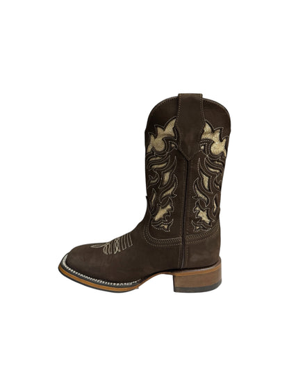 Potrillo Nobuck Brown Flower Laser Square Toe Womens Boot - 432