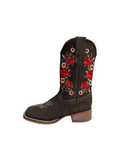 Potrillo Womens Red Flowers Nobuck brown Square Toe Boots - 425