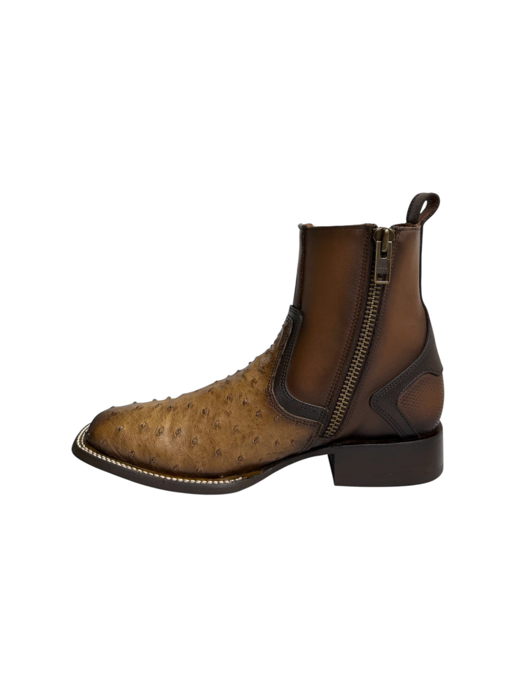 Cuadra Ostrich Lugano Brown Square Toe Zipper & Elastic Ankle Boot - CU889