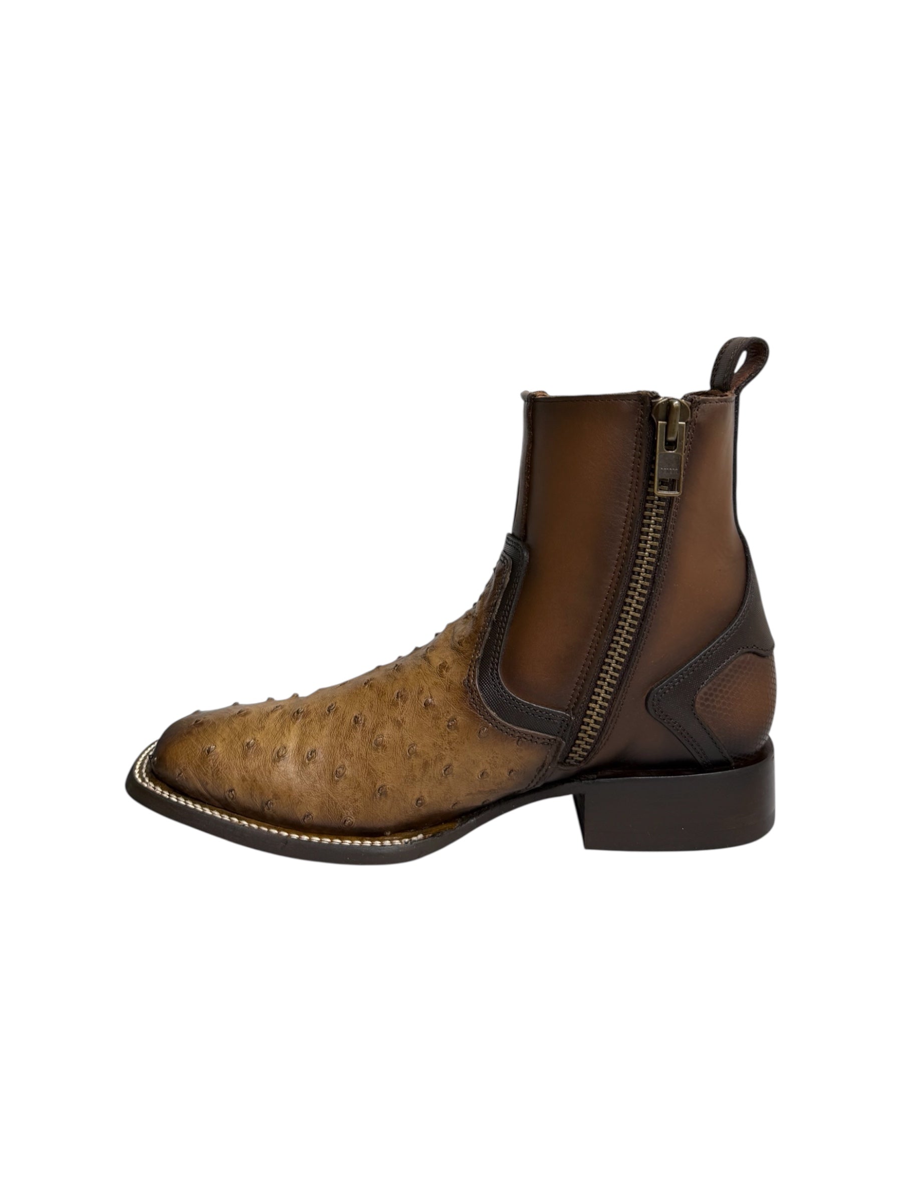 Cuadra Ostrich Lugano Brown Square Toe Zipper & Elastic Ankle Boot - CU889