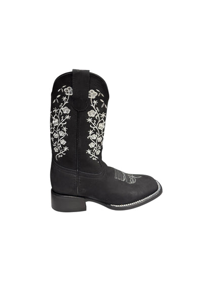 Potrillo Flowers embroidered Nobuck Black Square Toe Womens Boot - 416