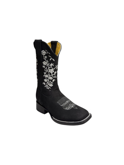 Potrillo Flowers embroidered Nobuck Black Square Toe Womens Boot - 416