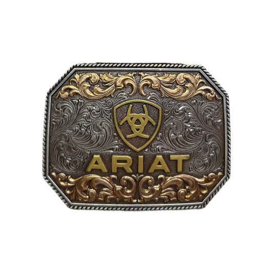 Ariat Buckle Rectangle Raised Logo Antique Silver and Antique Gold