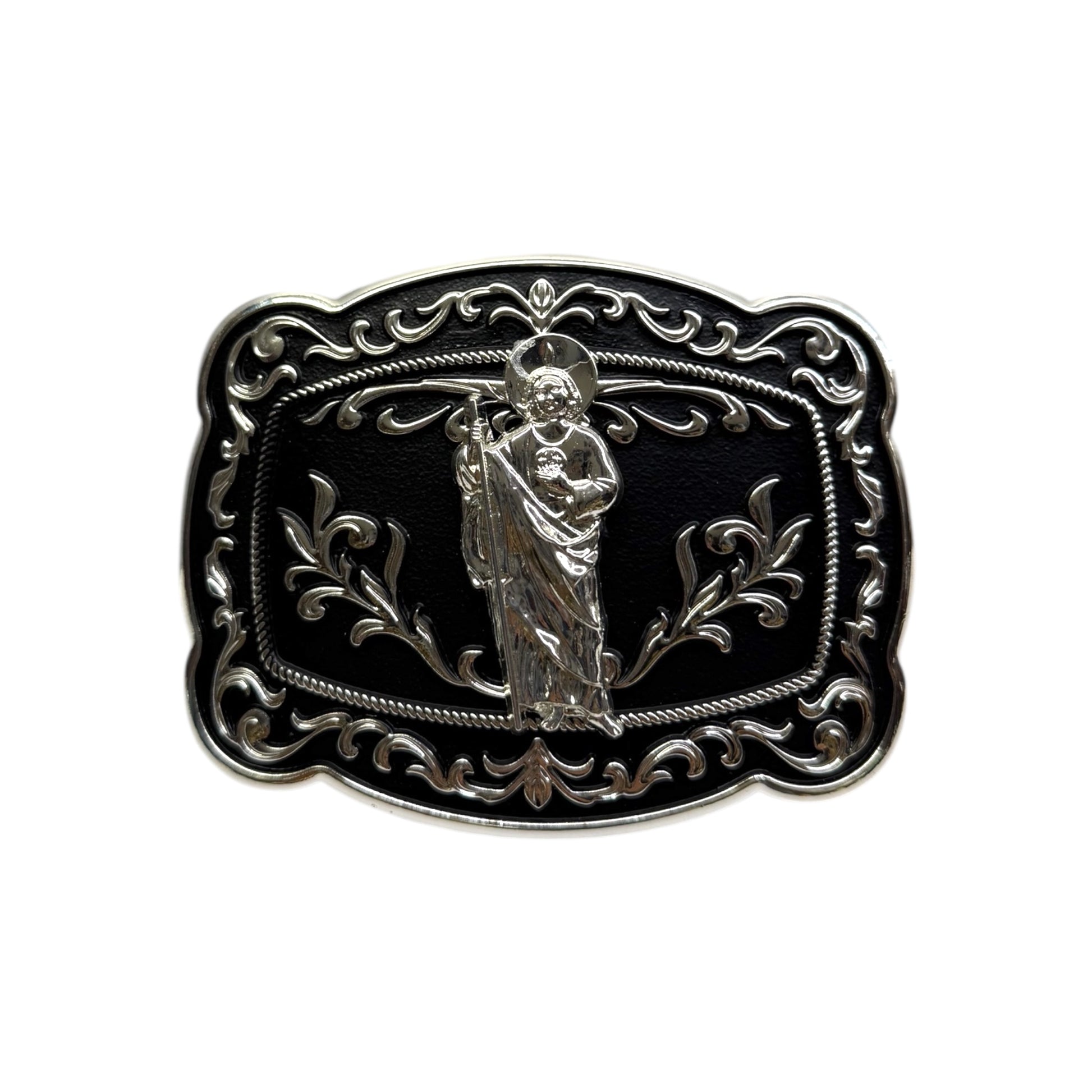 San Judas Cowboy Belt Buckle Silver And Black