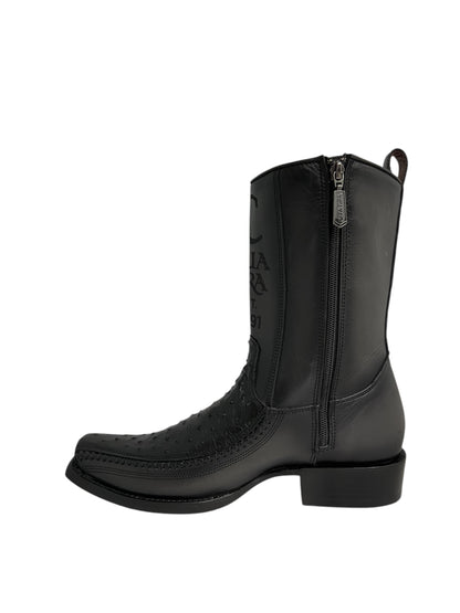 Cuadra Ostrich Black Woven & Laser Narrow Square Toe - CU802