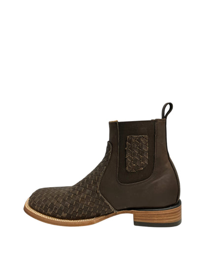 Ranchers Leather Stitched Brown Ankle Boot Square Toe