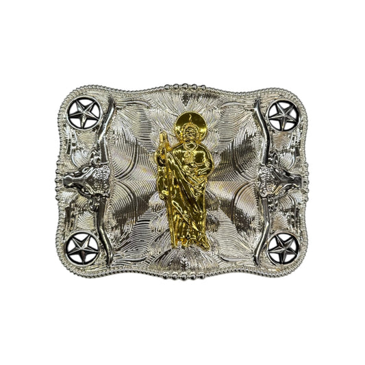 San Judas Wetsern Belt Buckle Silver And Gold - HJ-16