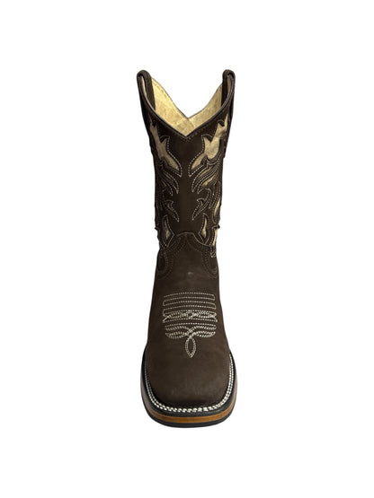 Potrillo Nobuck Brown Flower Laser Square Toe Womens Boot - 432