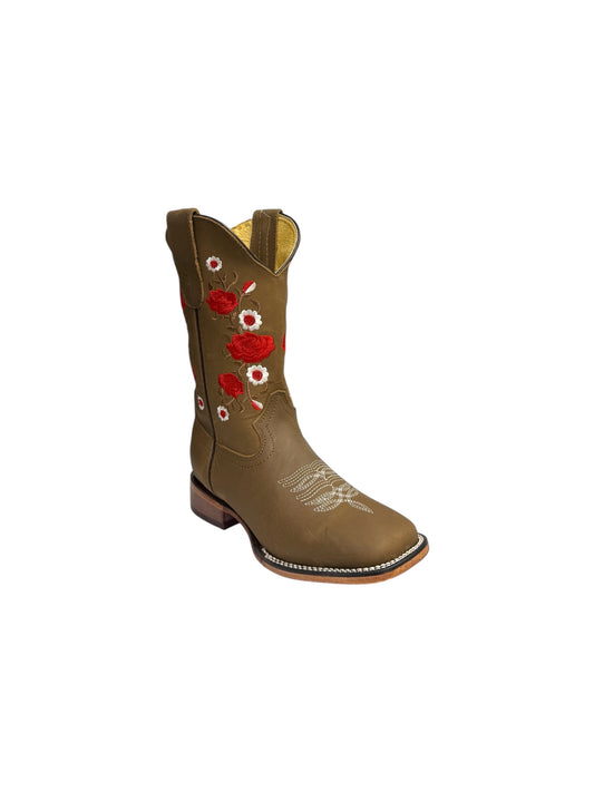 Potrillo Crazy Bovine Red Flowers Ocre Square Toe Womens Boot - 419