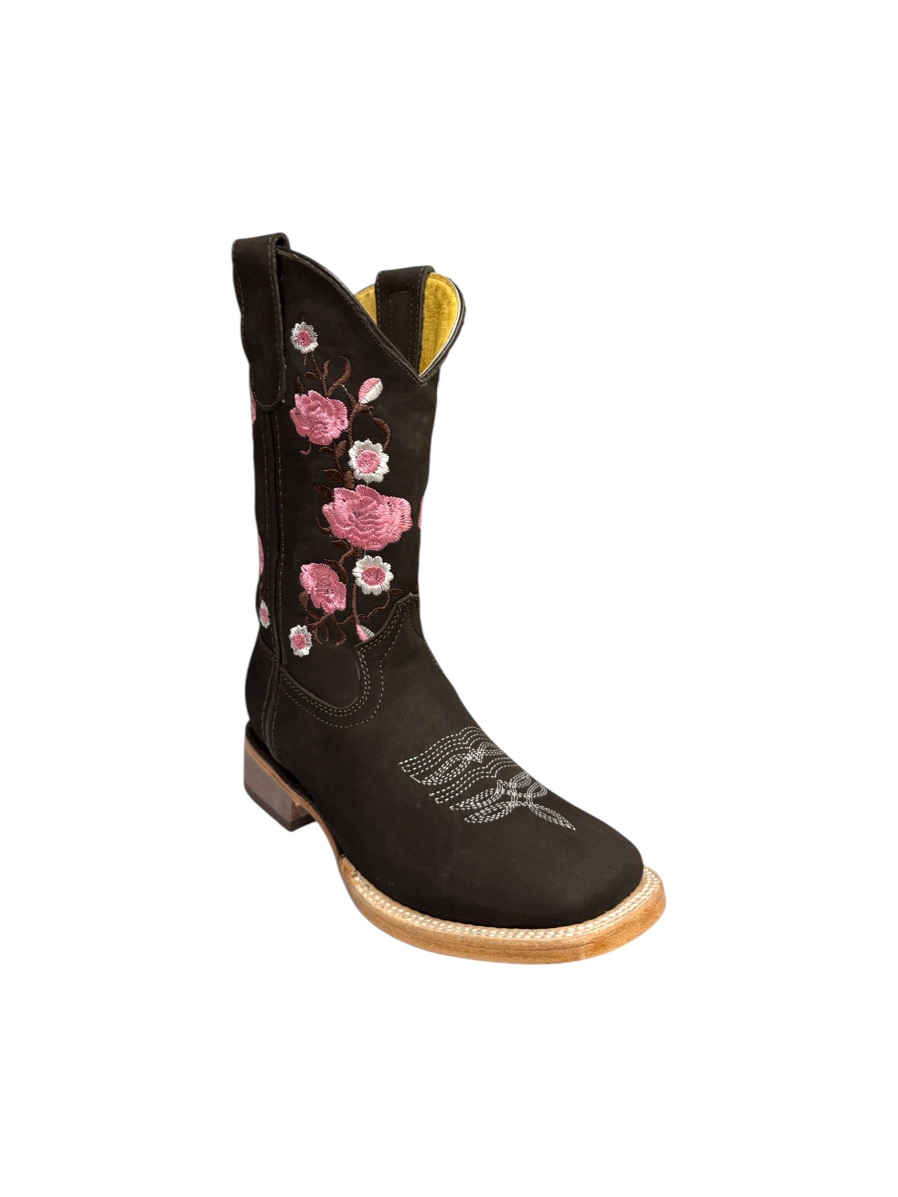 Potrillo Pink Flowers Nobuck Brown Womens Square Toe Boots - 428